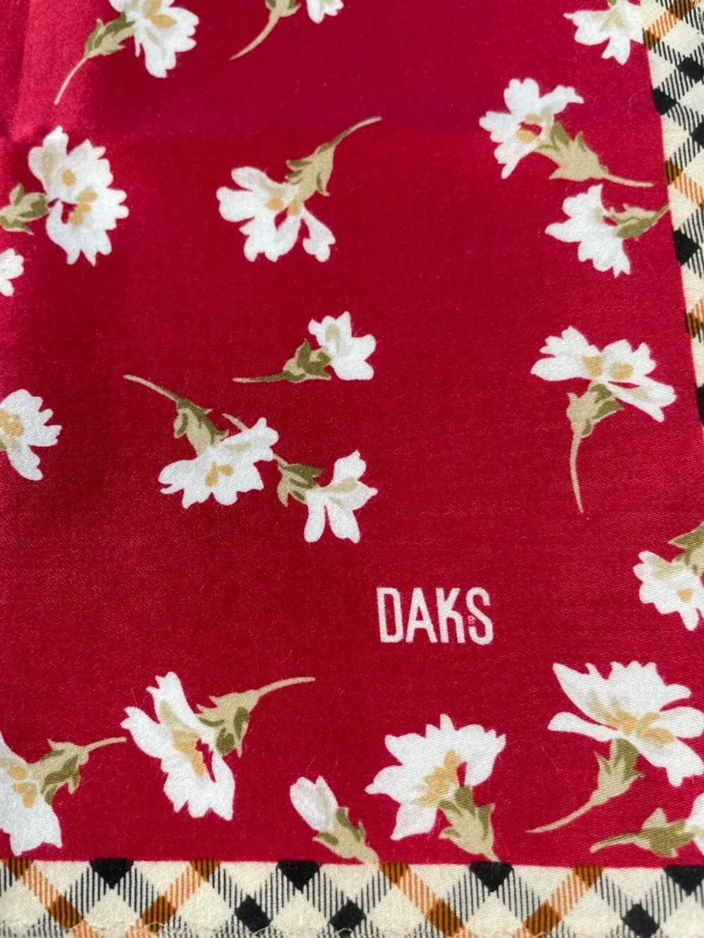 Vintage DAKS London Cotton Scarf Red Floral Check Border 19